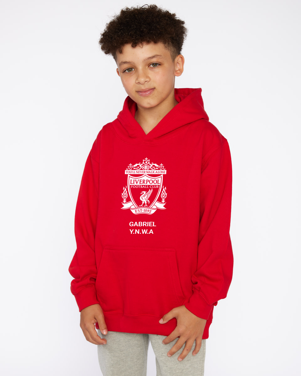 LFC Junior White Crest Personalised Red Hoody - Image 1