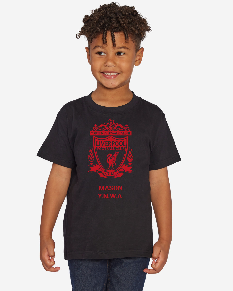 LFC Junior Red Crest Personalised Black Tee - Image 1