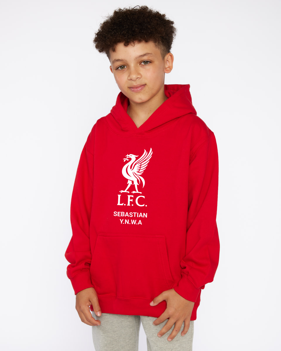 LFC Junior White Liverbird Personalised Red Hoody - Image 1