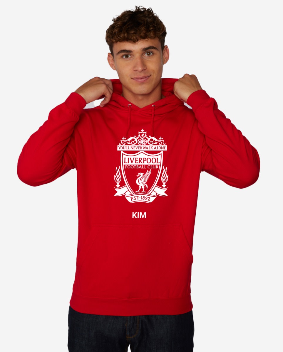 LFC White Crest Personalised Red Hoody - Image 1