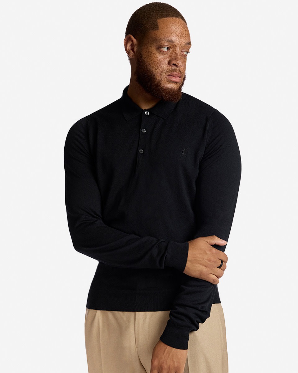 Polo à manches longues LFC X John Smedley en laine mérinos extra fine pour homme, noir - Image 1